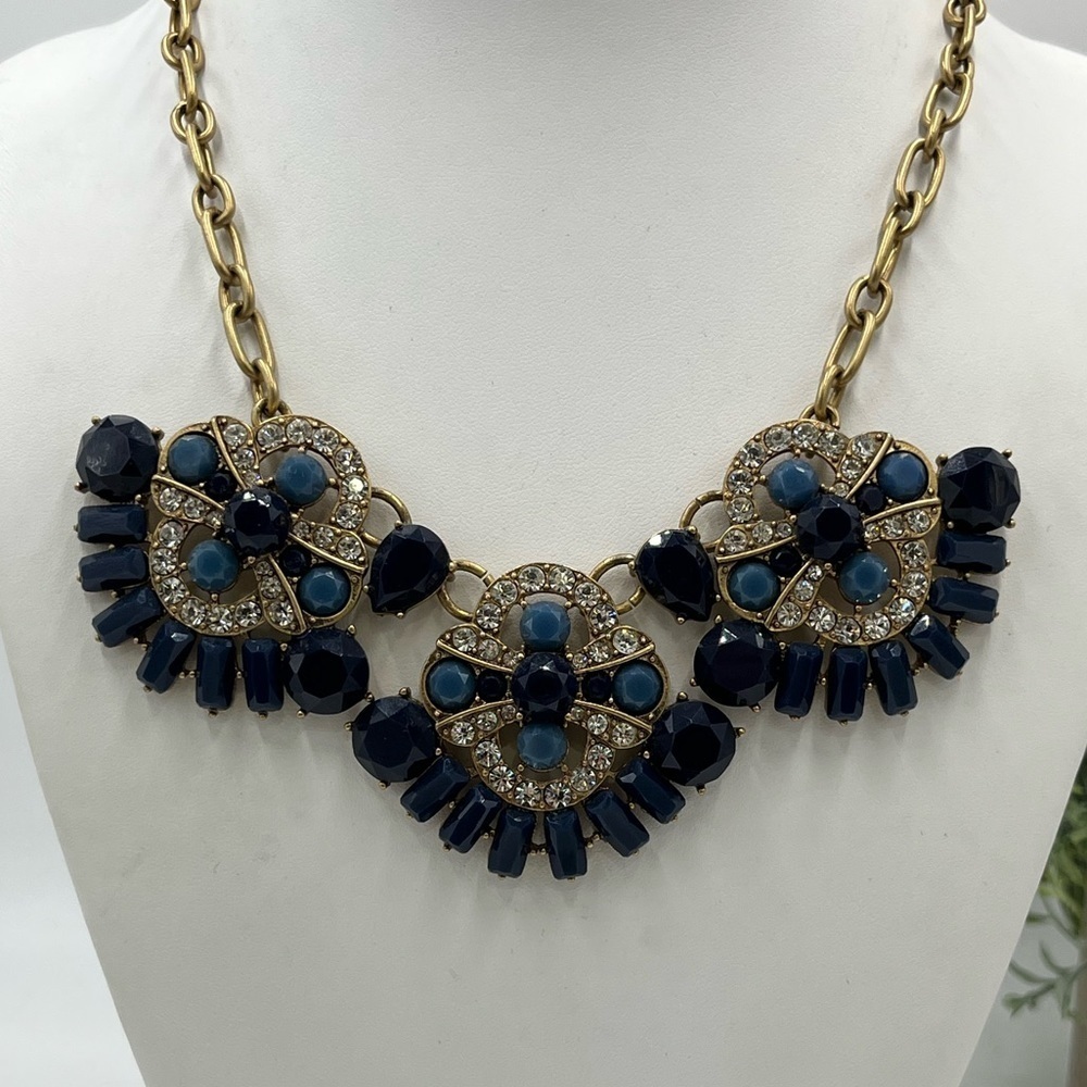 J. Crew‎ Blue Rhinestone Gold Tone Statement Necklace